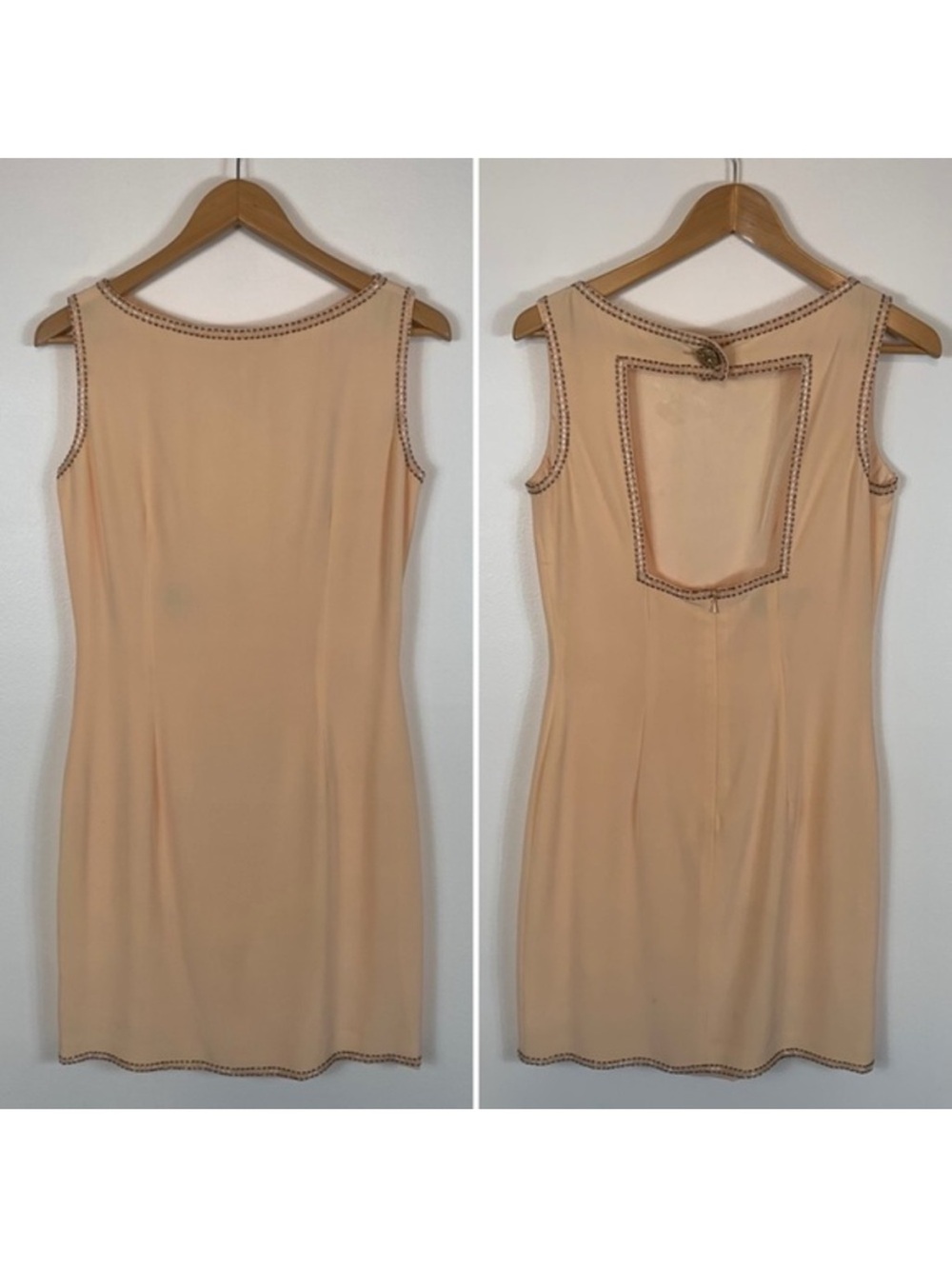 VTG 90's Nite Line Champagne Sequins Beaded Cut Out Back Shift Dress